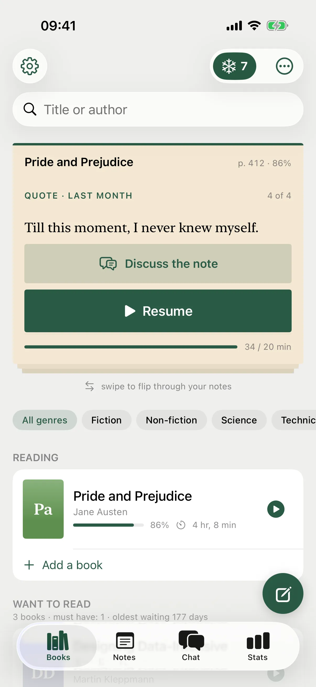The books screen: a bookmark with one of your notes, a Resume button and the day’s goal as a bar.
