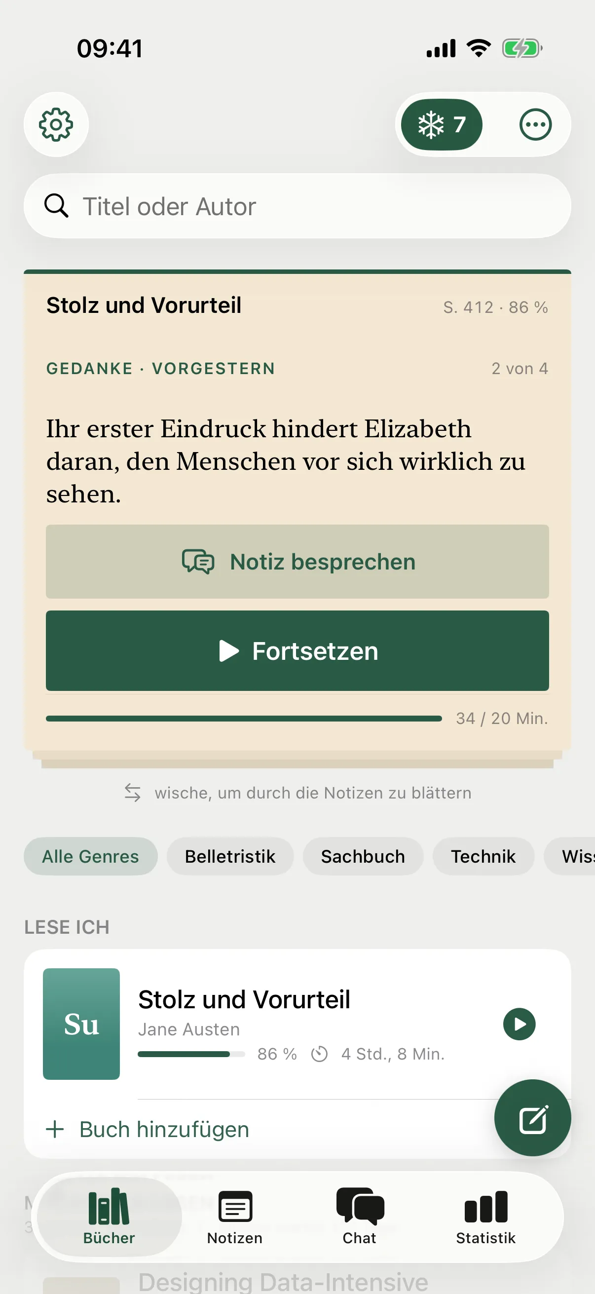 Der Bücher-Bildschirm: ein Lesezeichen mit einer deiner Notizen, der Knopf „Fortsetzen“ und das Tagesziel als Balken.