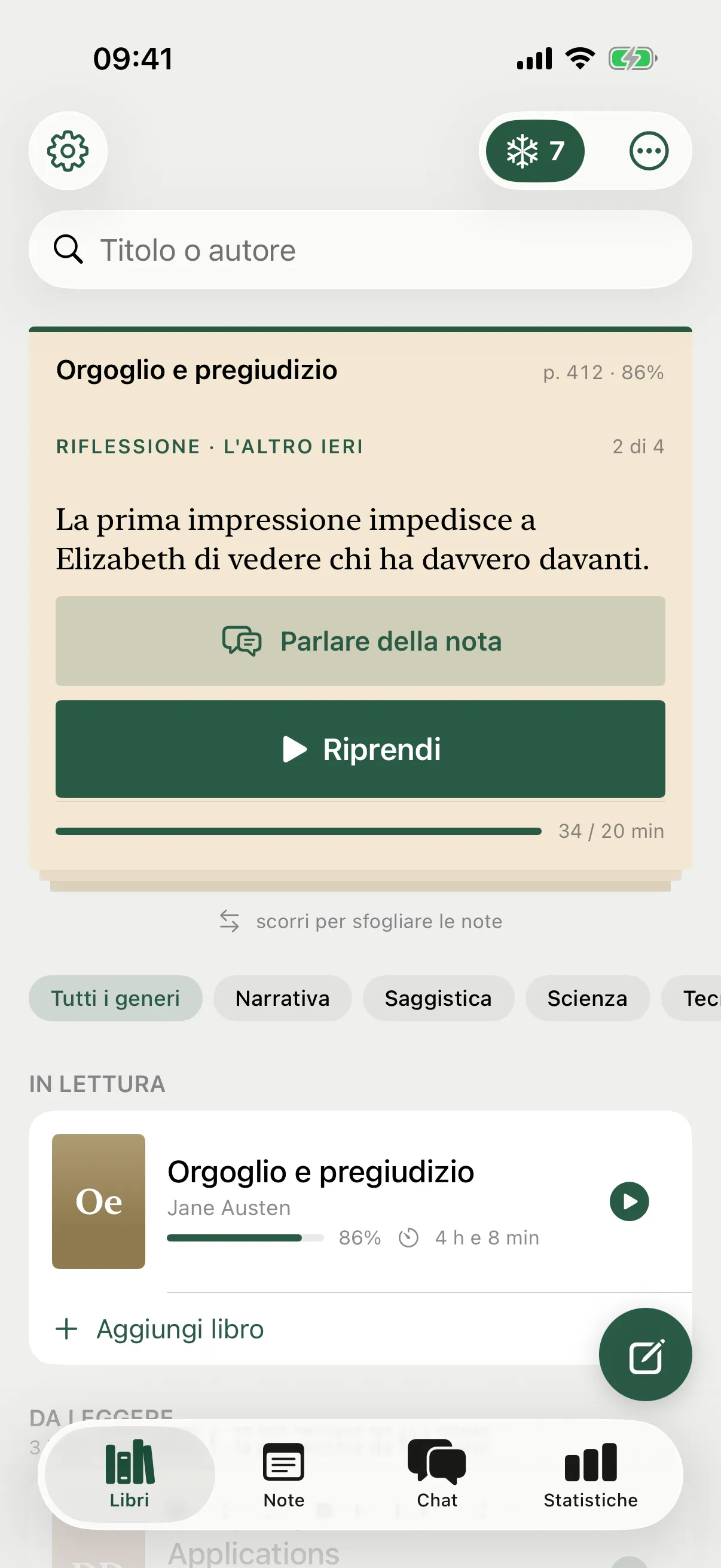 La schermata dei libri: un segnalibro con una delle tue note, il tasto «Riprendi» e l’obiettivo del giorno come barra.