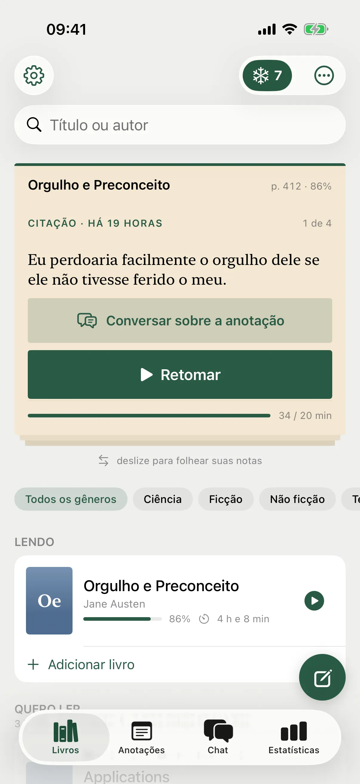 A tela de livros: um marcador com uma das suas anotações, o botão “Retomar” e a meta do dia em barra.