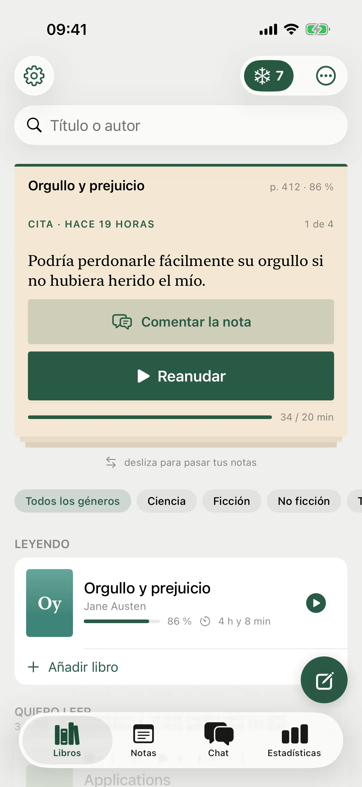 La pantalla de libros: un marcapáginas con una de tus notas, el botón «Reanudar» y la meta del día en una barra.