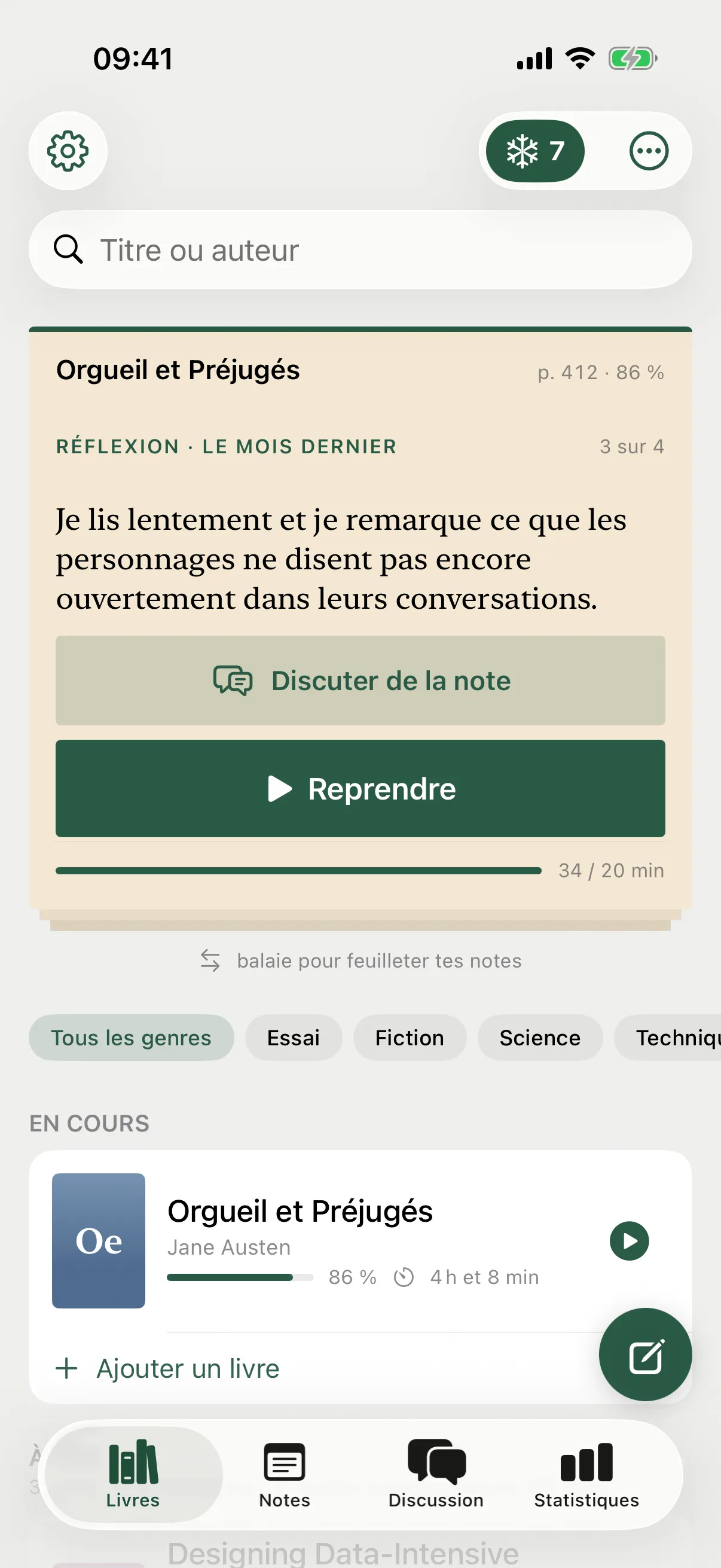 L’écran des livres : un marque-page avec une de tes notes, le bouton « Reprendre » et l’objectif du jour en barre.