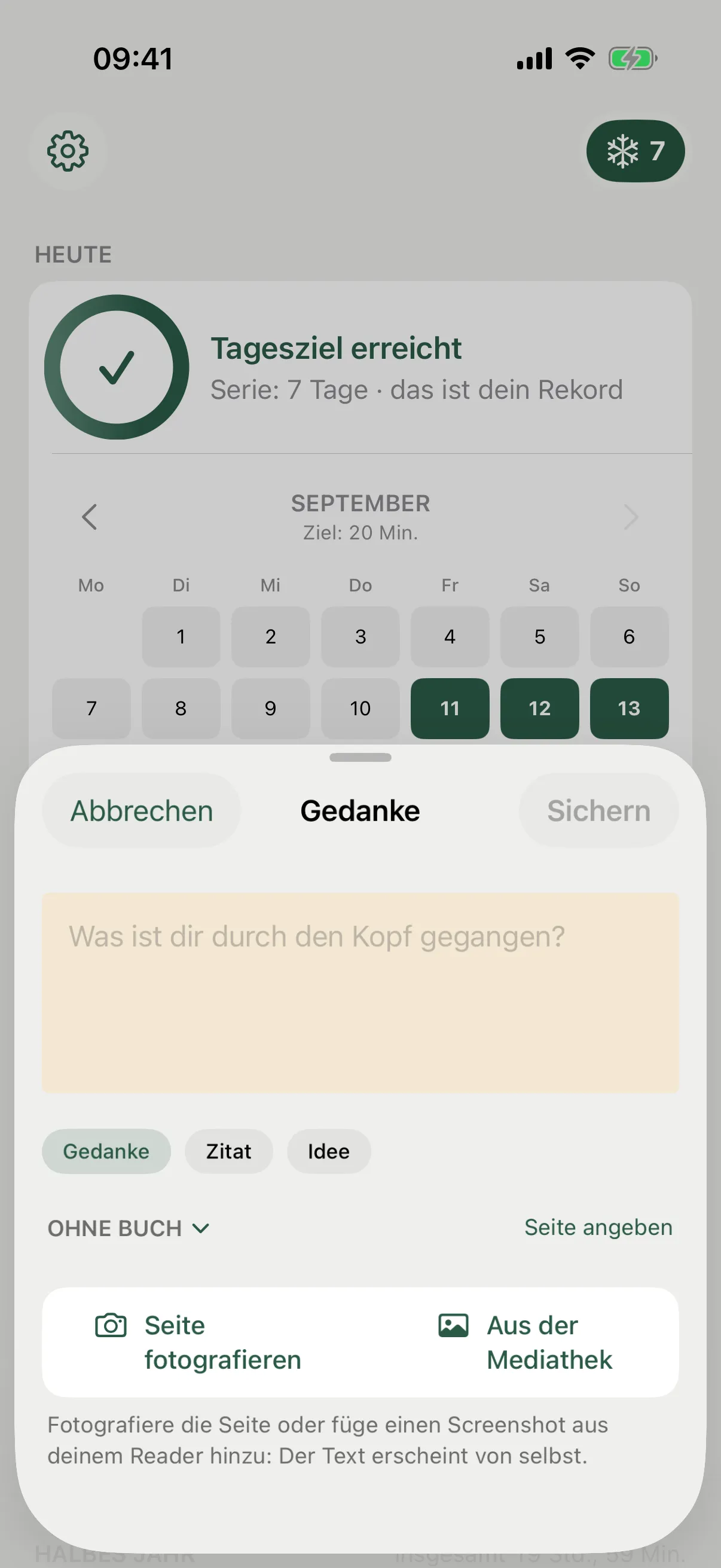 Das Blatt für eine neue Notiz: Art der Notiz, Textfeld und Seite fotografieren.