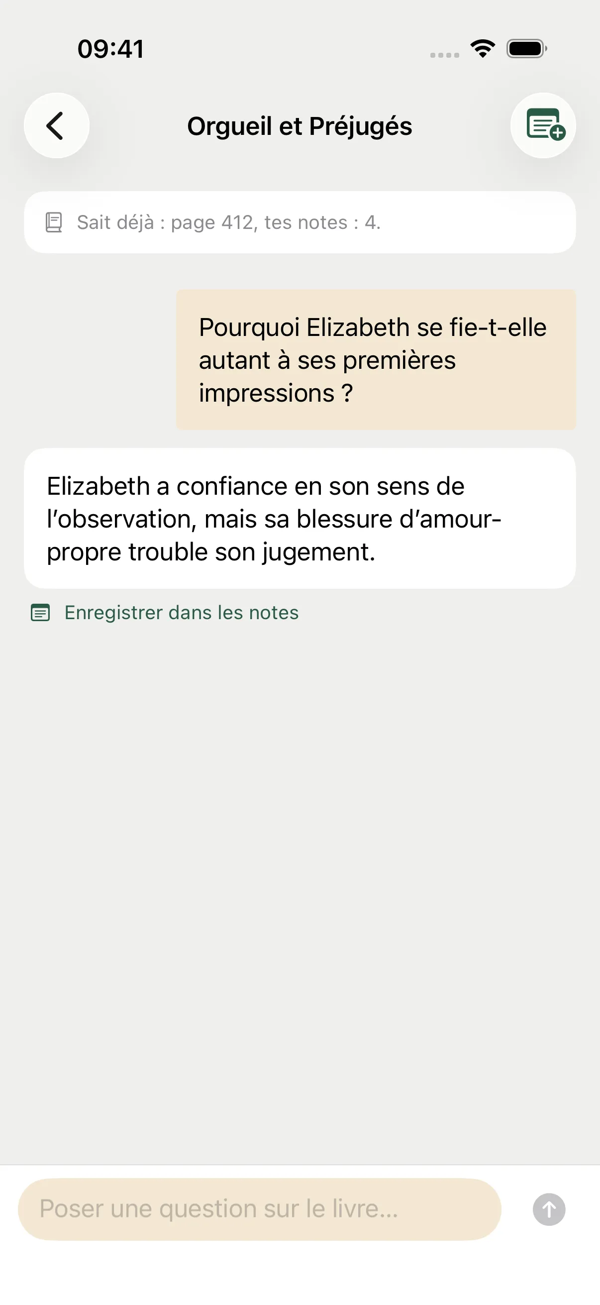 Exemple de conversation sur Elizabeth Bennet : une question, la réponse de l’IA et l’option de l’enregistrer dans les notes.