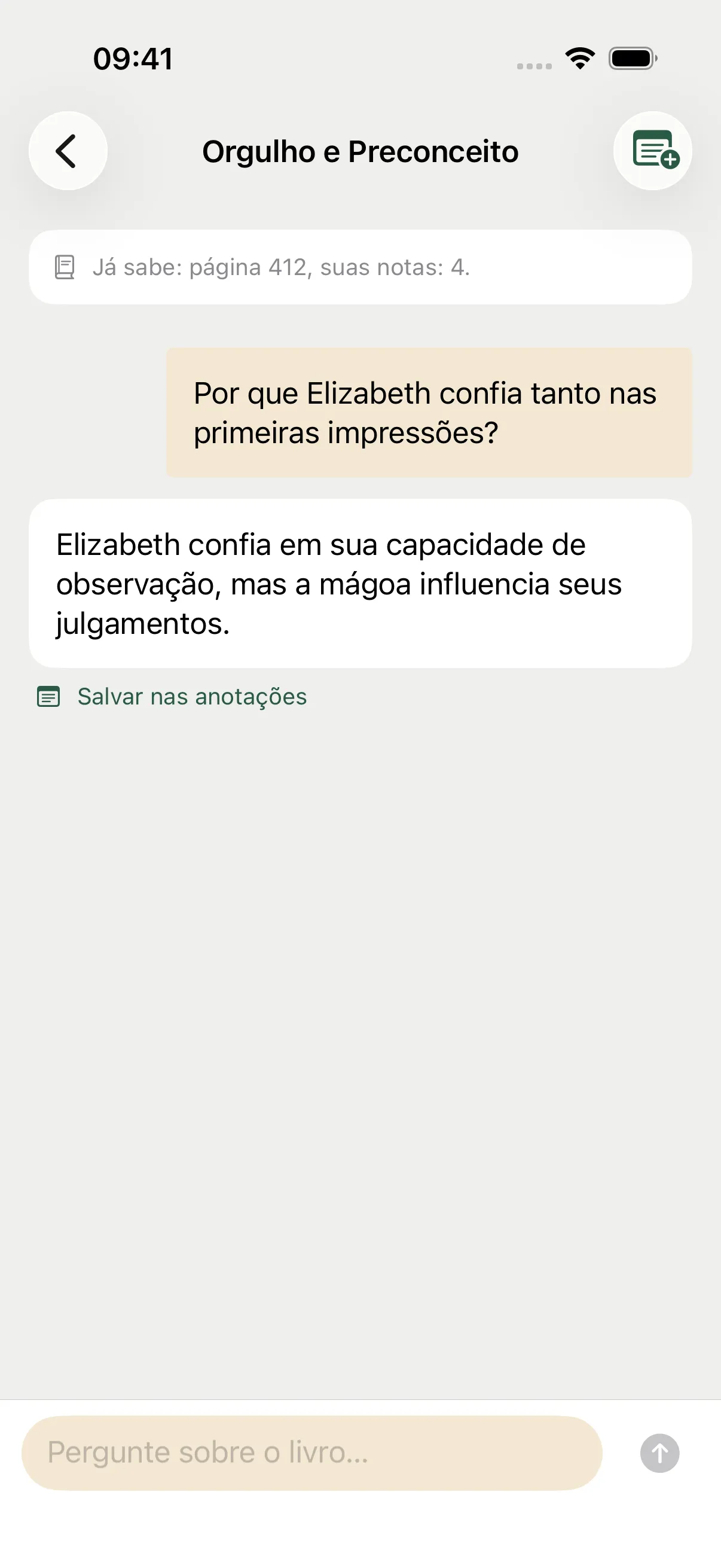 Conversa de exemplo sobre Elizabeth Bennet: uma pergunta, a resposta da IA e a opção de salvá-la nas anotações.