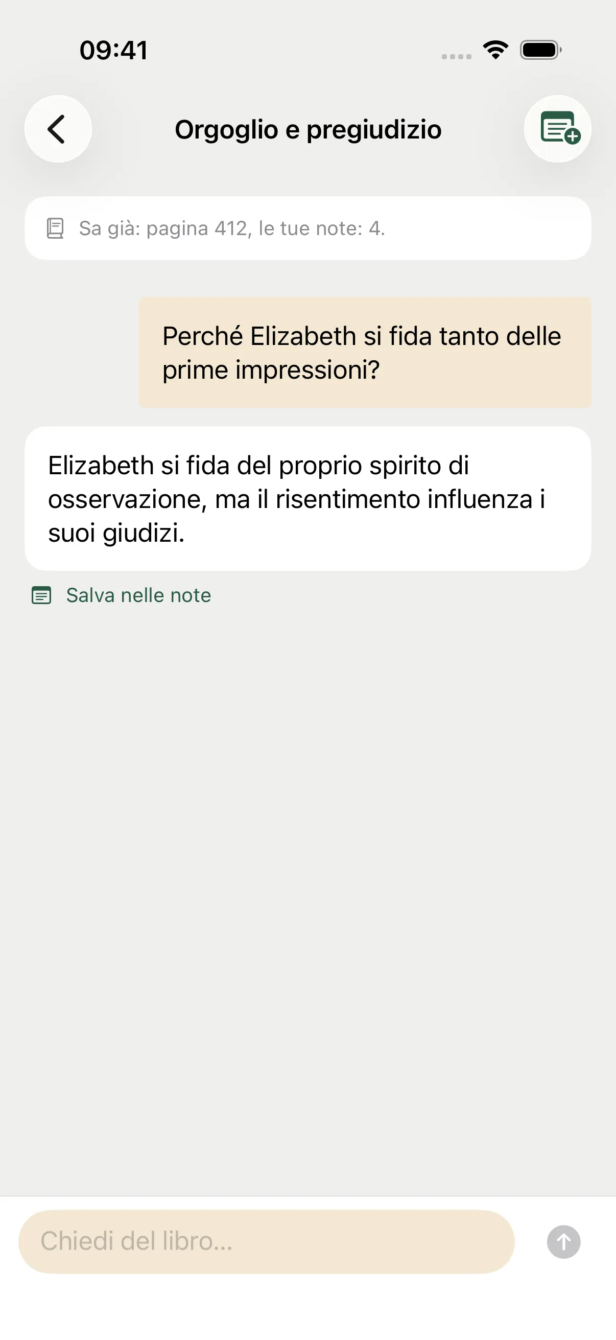 Conversazione di esempio su Elizabeth Bennet: una domanda, la risposta dell’IA e l’opzione per salvarla nelle note.