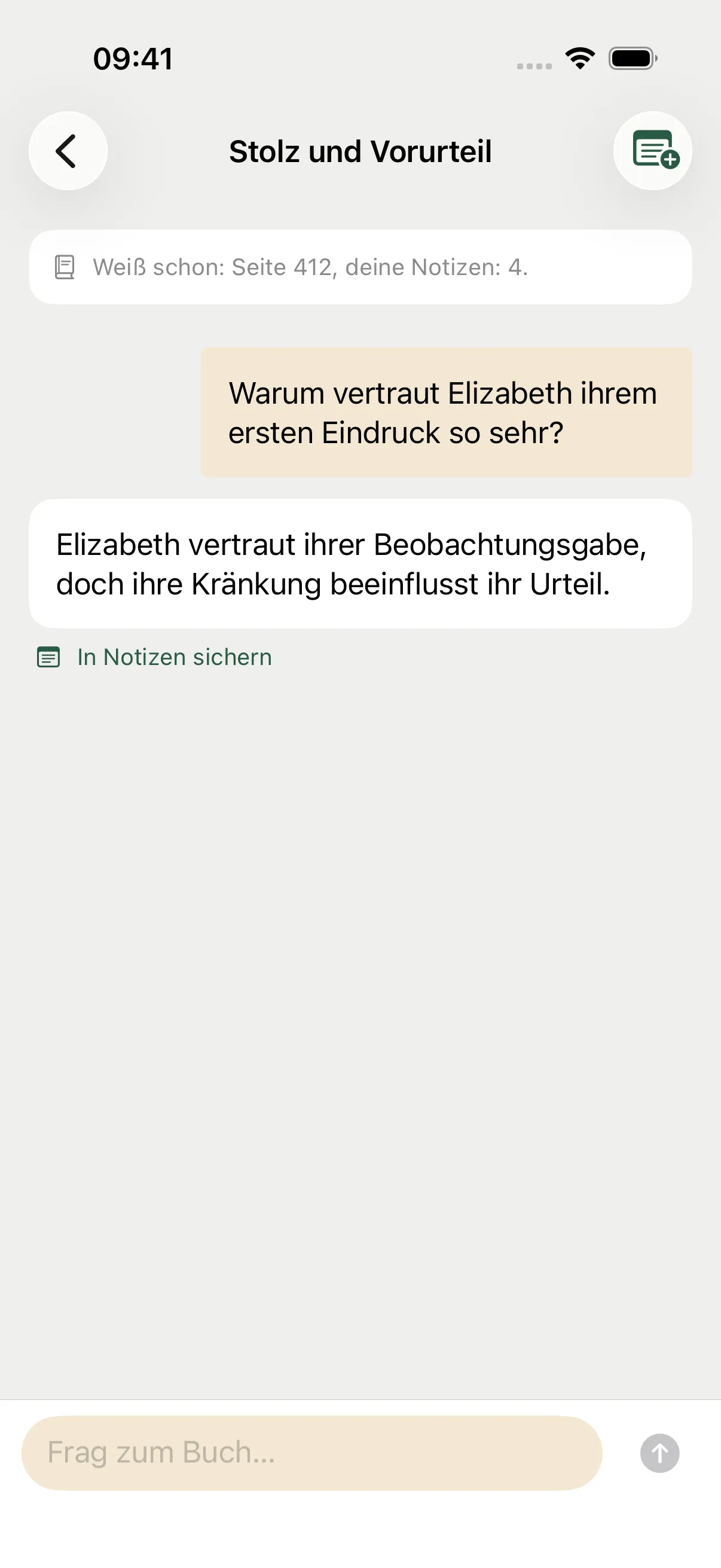Beispielgespräch über Elizabeth Bennet: eine Frage, die KI-Antwort und die Option, sie als Notiz zu speichern.