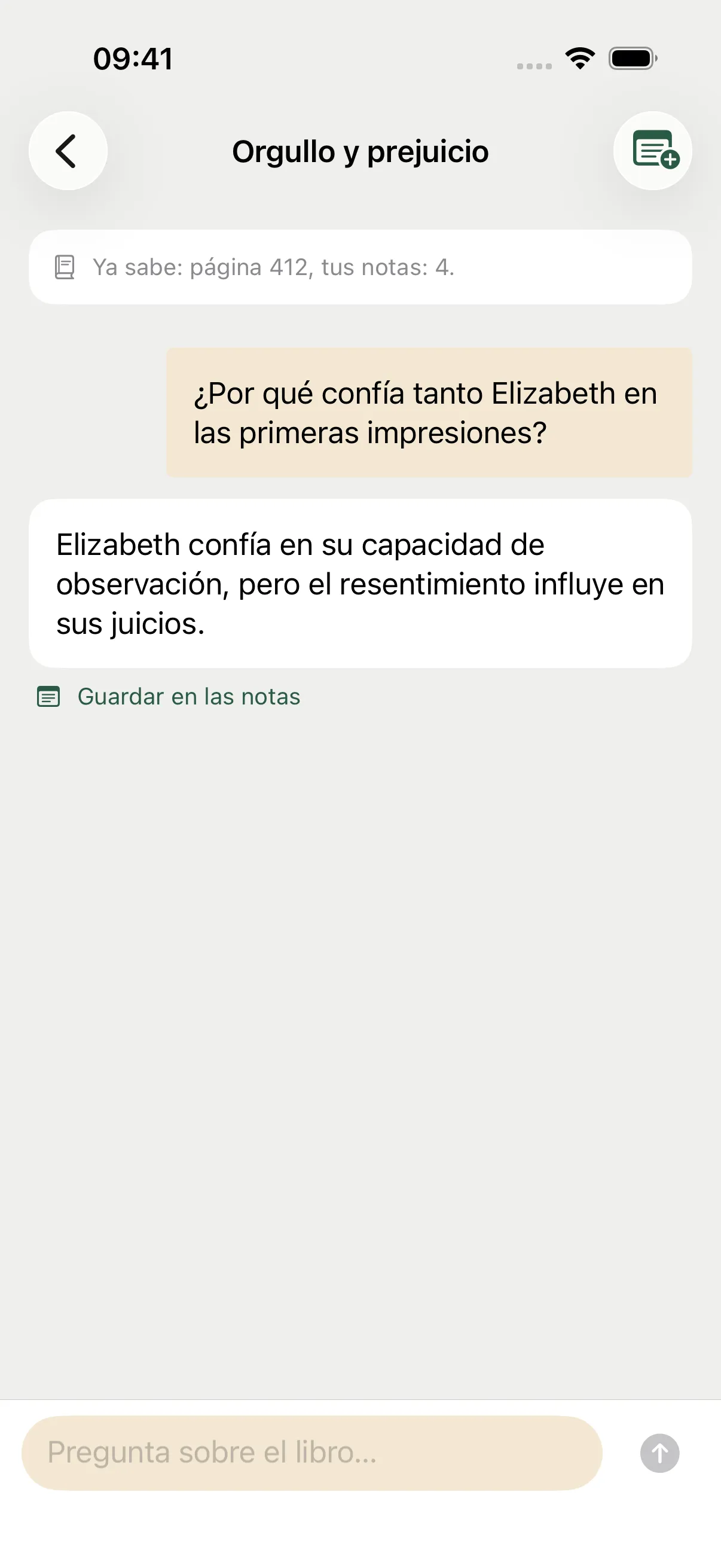 Conversación de ejemplo sobre Elizabeth Bennet: una pregunta, la respuesta de la IA y la opción de guardarla en notas.