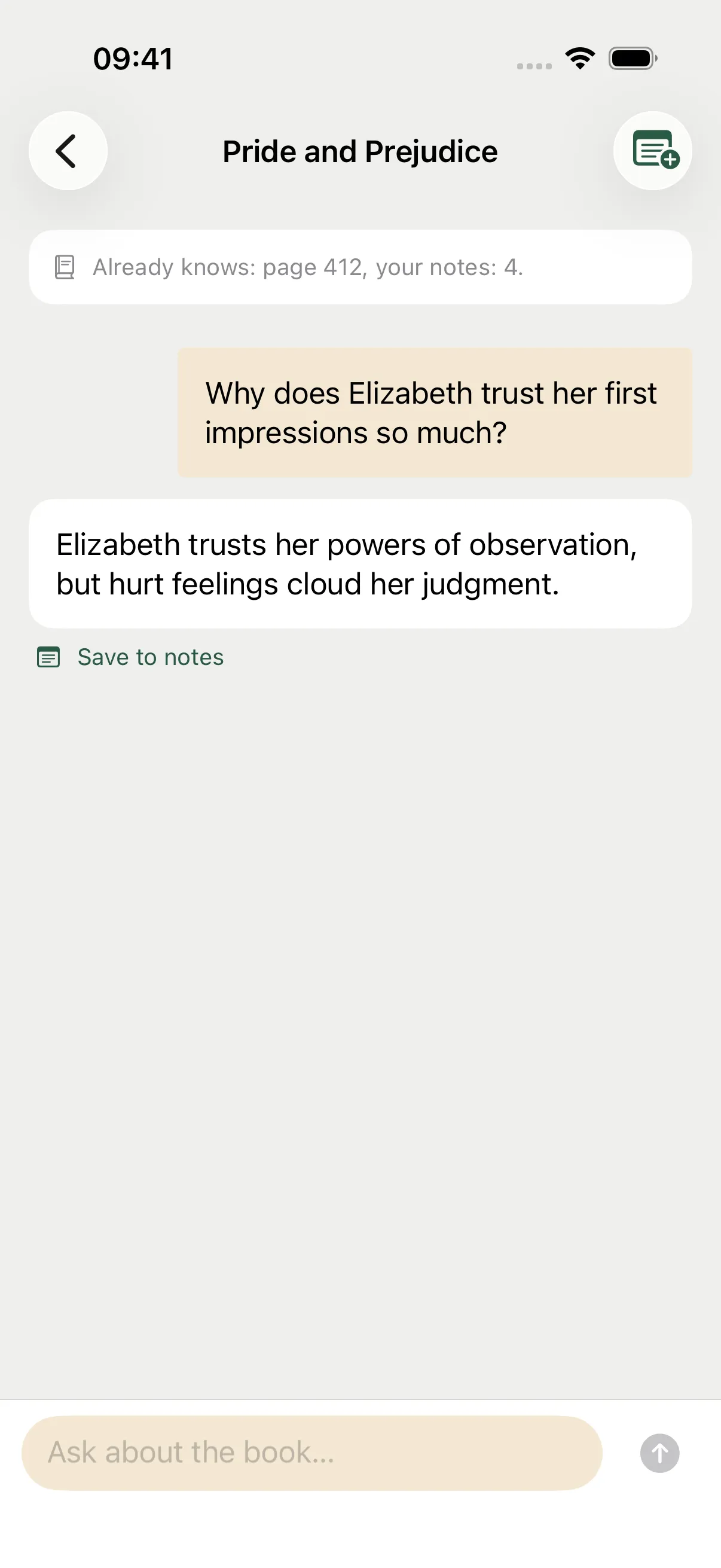Example conversation about Elizabeth Bennet: a reader’s question, an AI reply and the option to save it to notes.