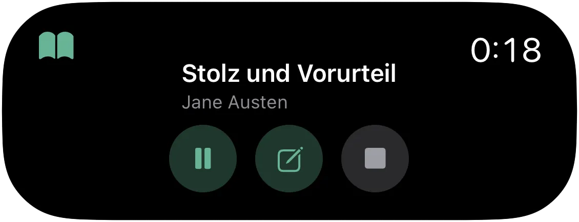 Die Dynamic Island mit laufendem Timer: Pause, Notiz und Stopp.