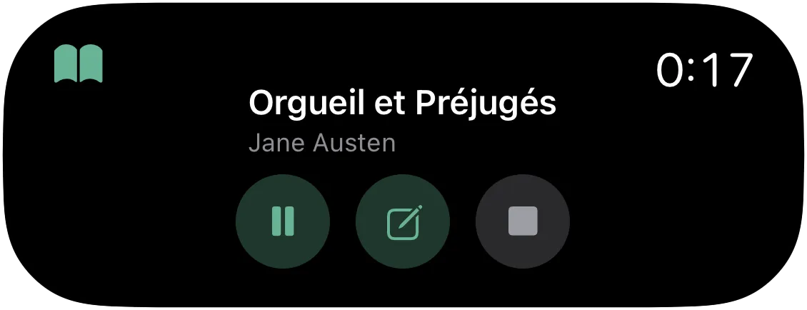 La Dynamic Island avec le minuteur en marche : pause, note et arrêt.