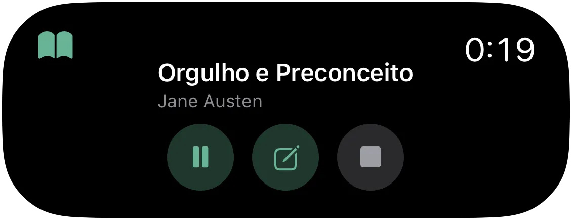 A Dynamic Island com o cronômetro correndo: pausar, anotar e encerrar.