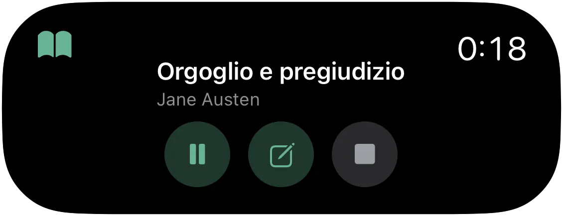 La Dynamic Island con il timer in corso: pausa, nota e stop.