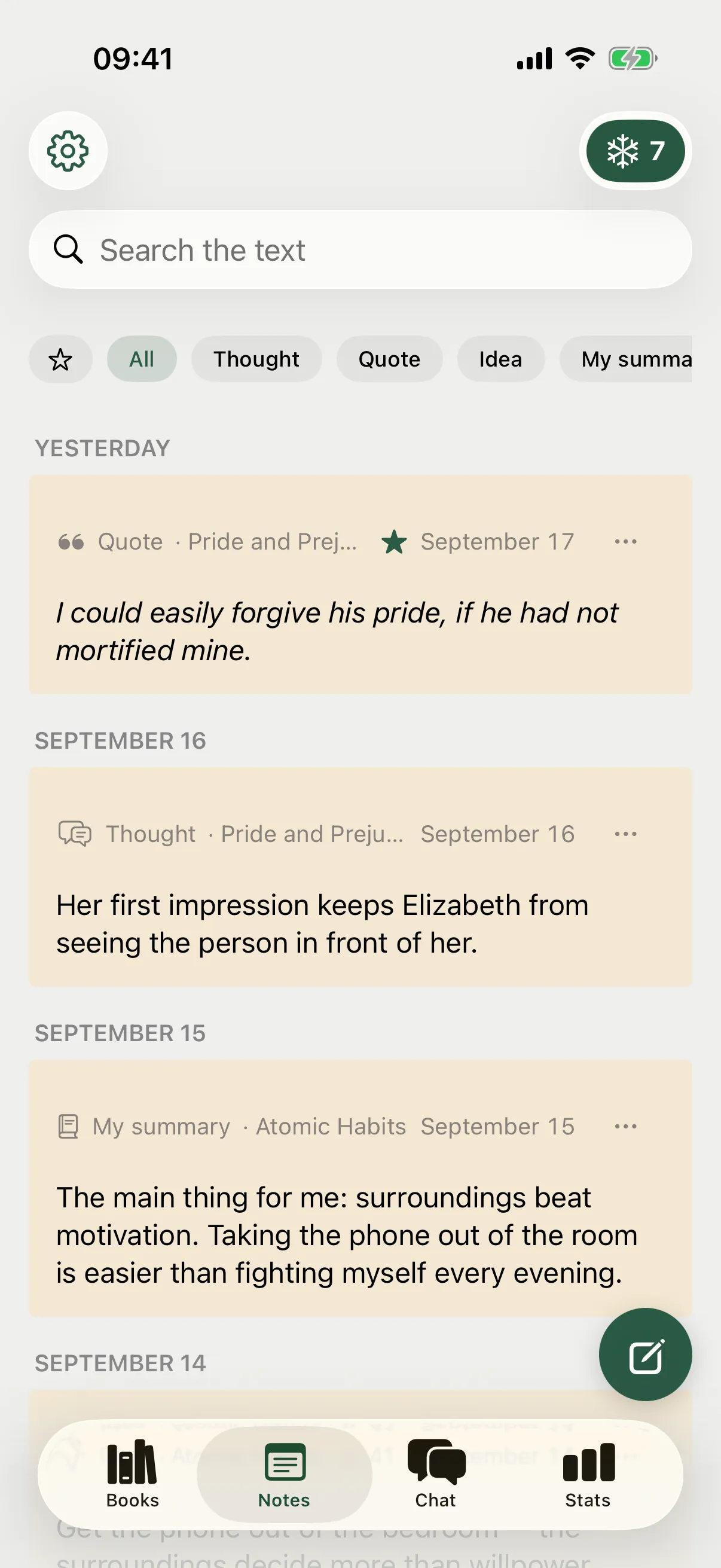 Notes: quotes, thoughts and ideas from every book, with a search and filters.