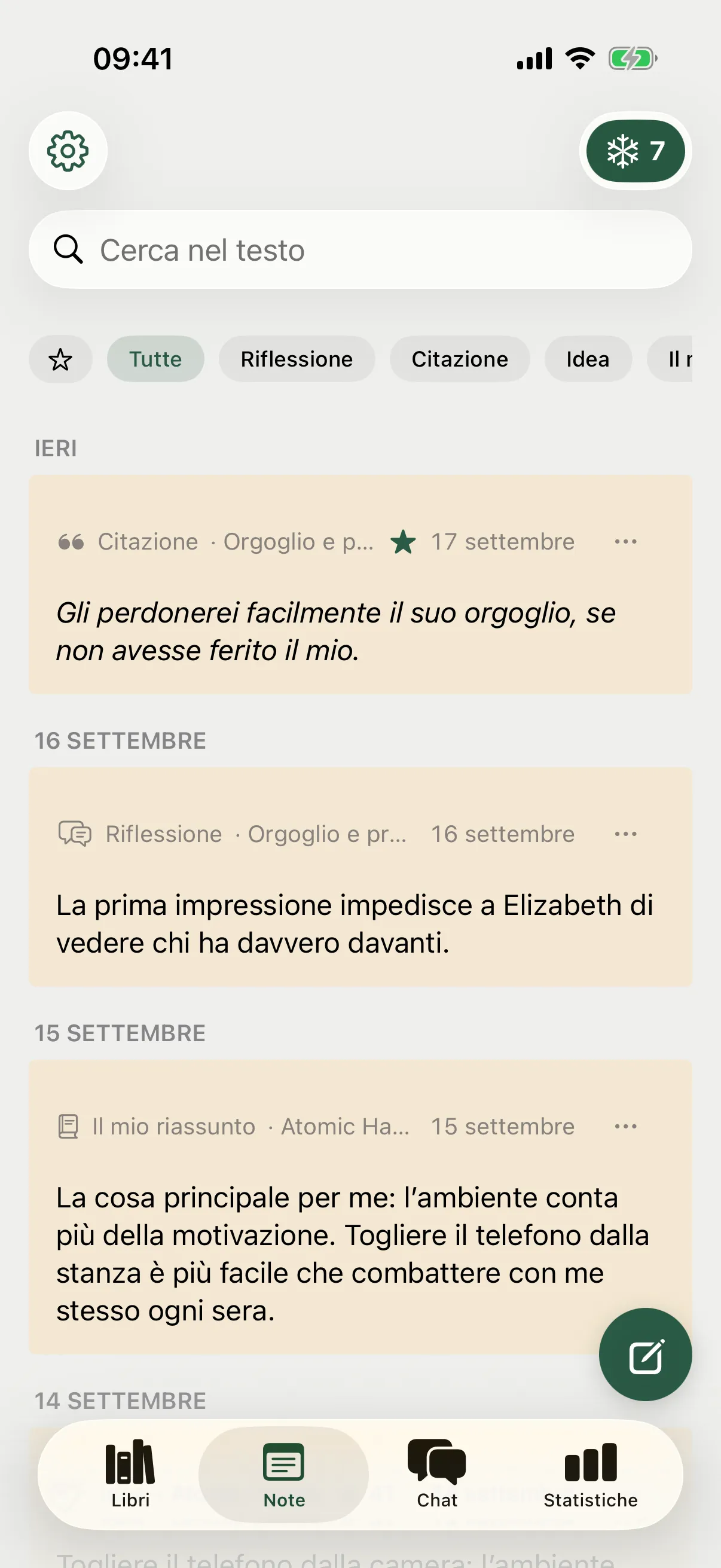 Note: citazioni, riflessioni e idee da tutti i libri, con ricerca e filtri.