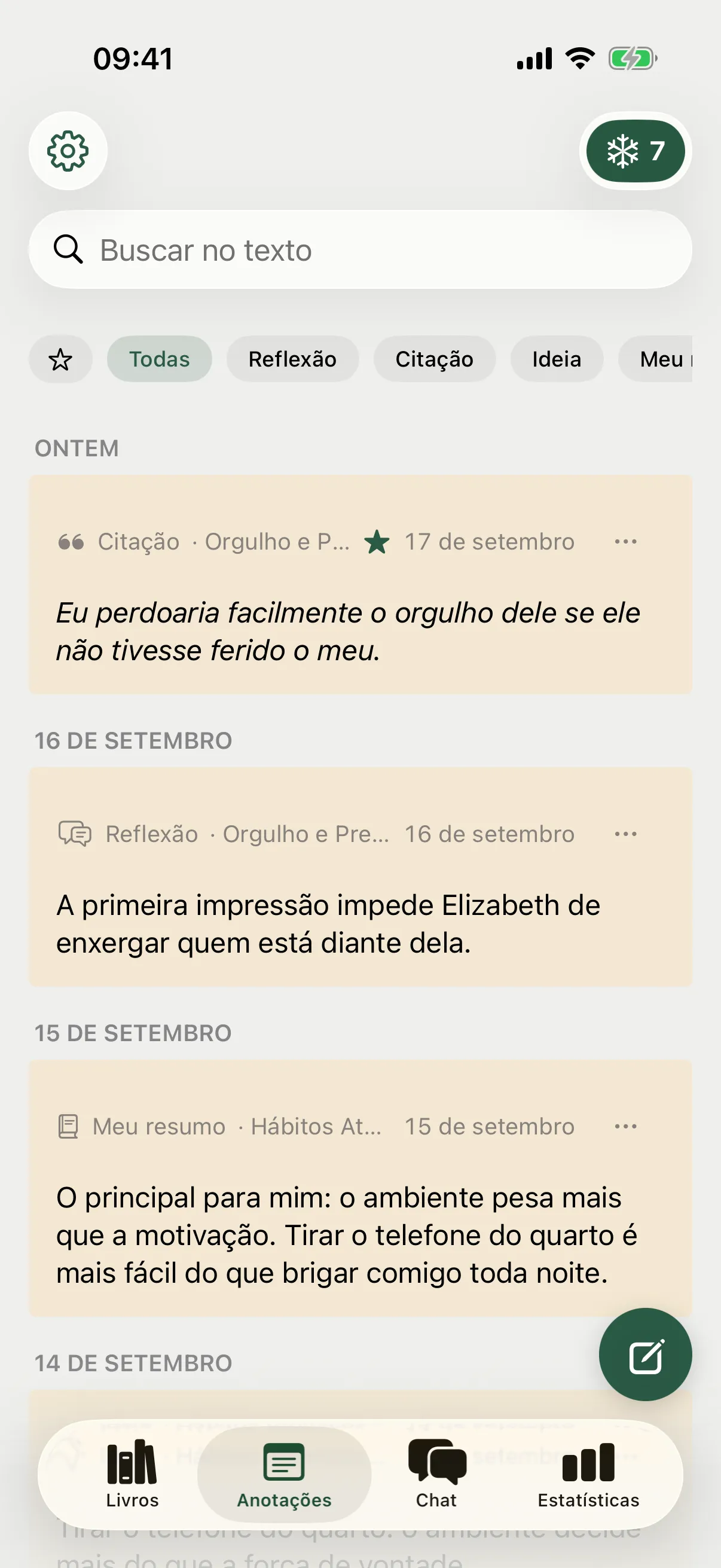 Notas: citações, reflexões e ideias de todos os livros, com busca e filtros.