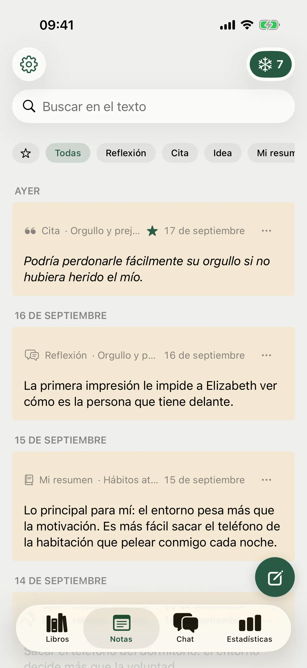 Notas: citas, reflexiones e ideas de todos los libros, con búsqueda y filtros.