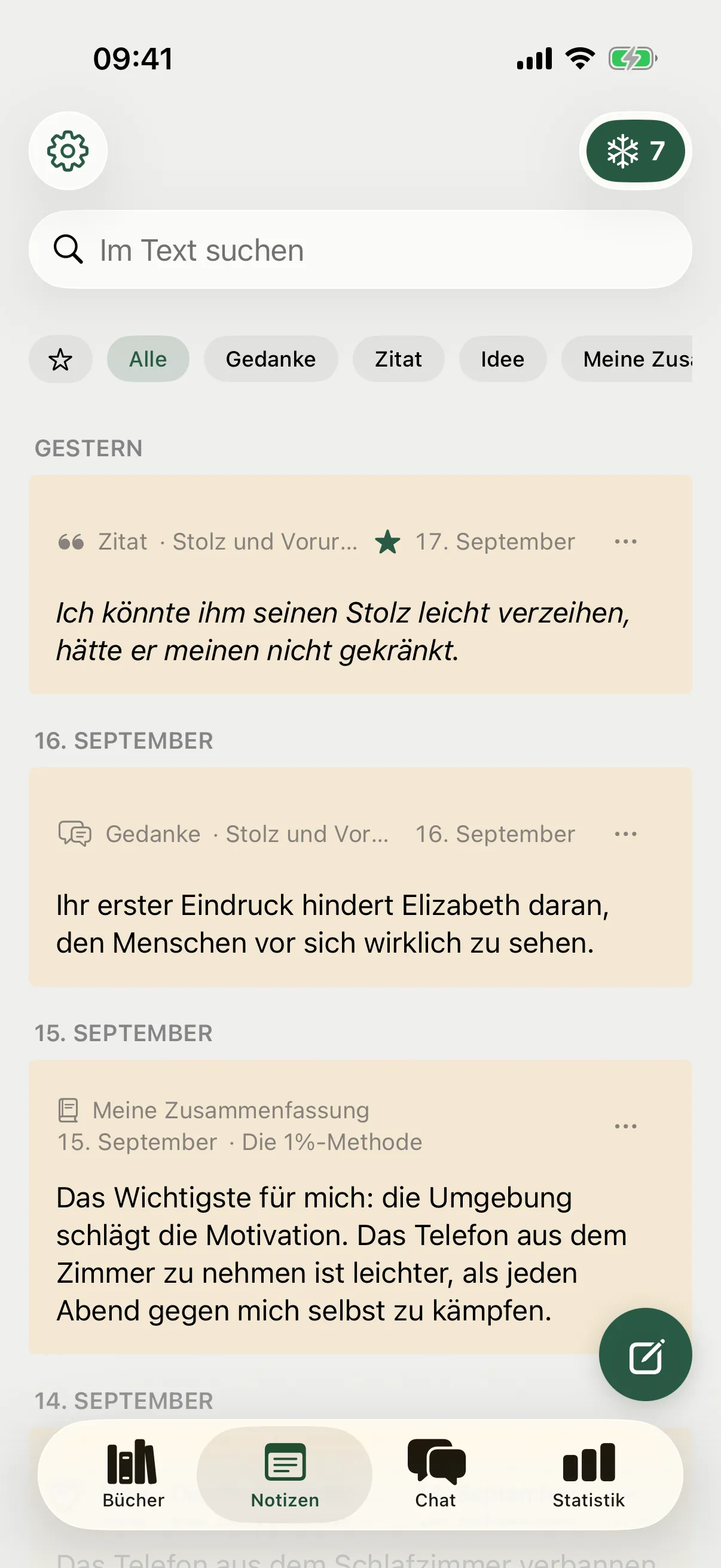Notizen: Zitate, Gedanken und Ideen aus allen Büchern, mit Suche und Filtern.