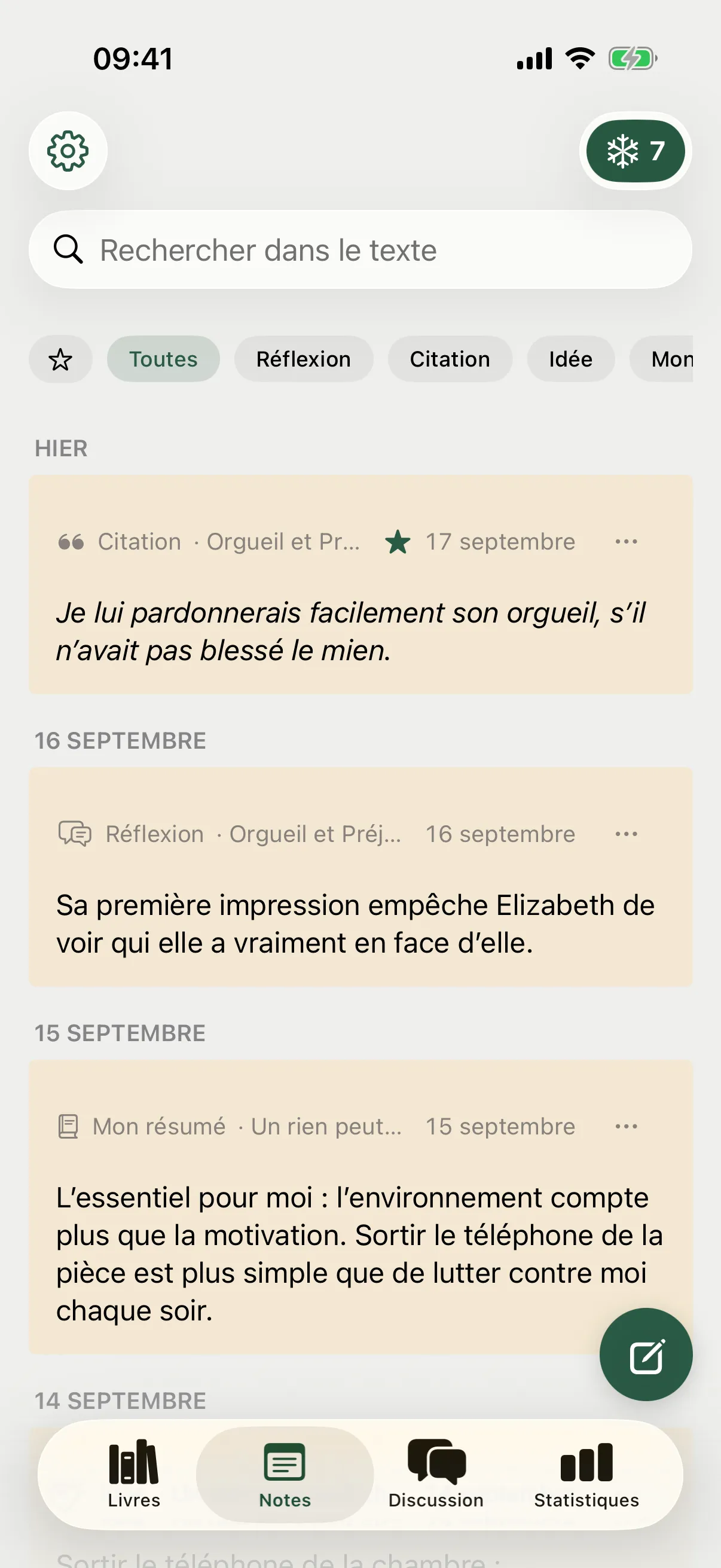 Notes : citations, réflexions et idées de tous les livres, avec recherche et filtres.