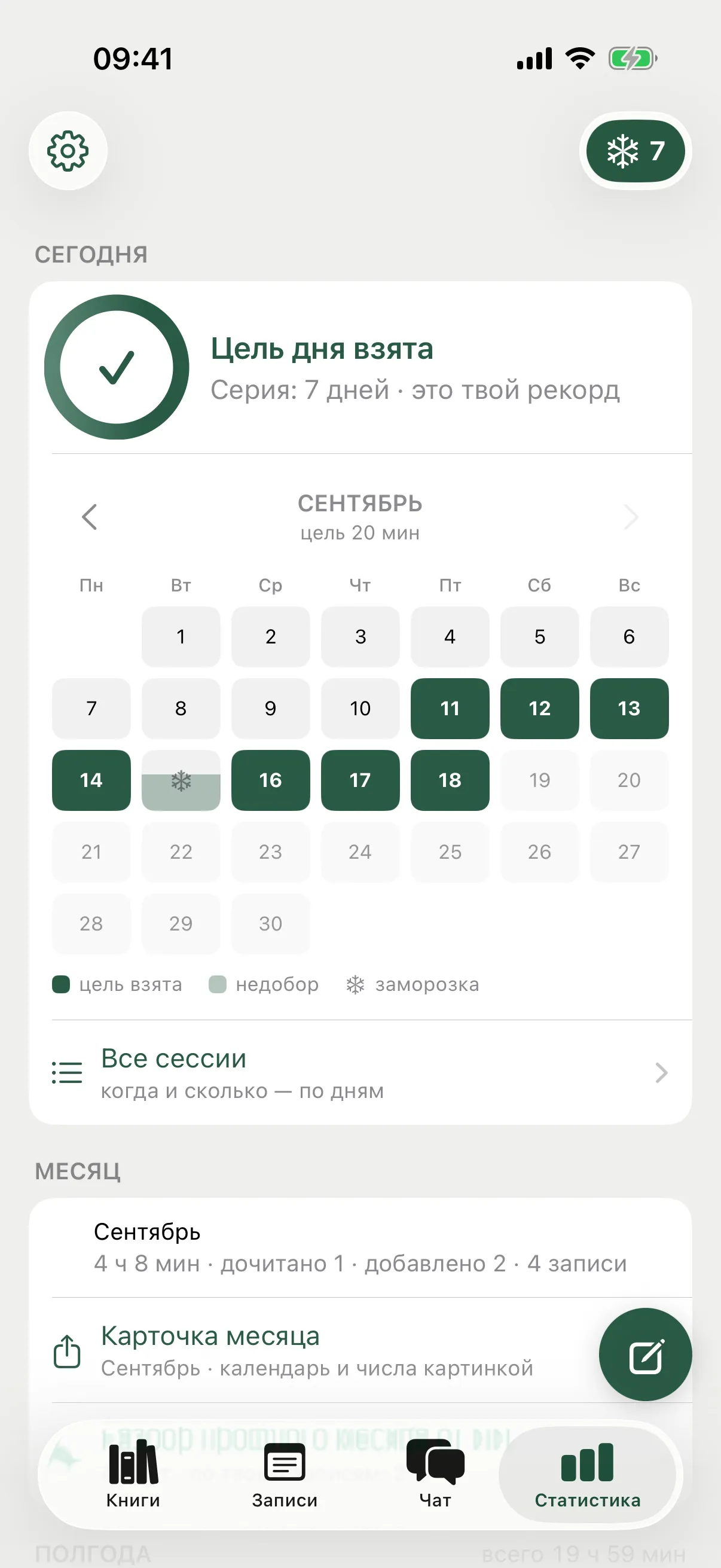 Статистика: кольцо цели, серия в семь дней, календарь чтения с потраченной заморозкой, месяц и полгода столбиками.