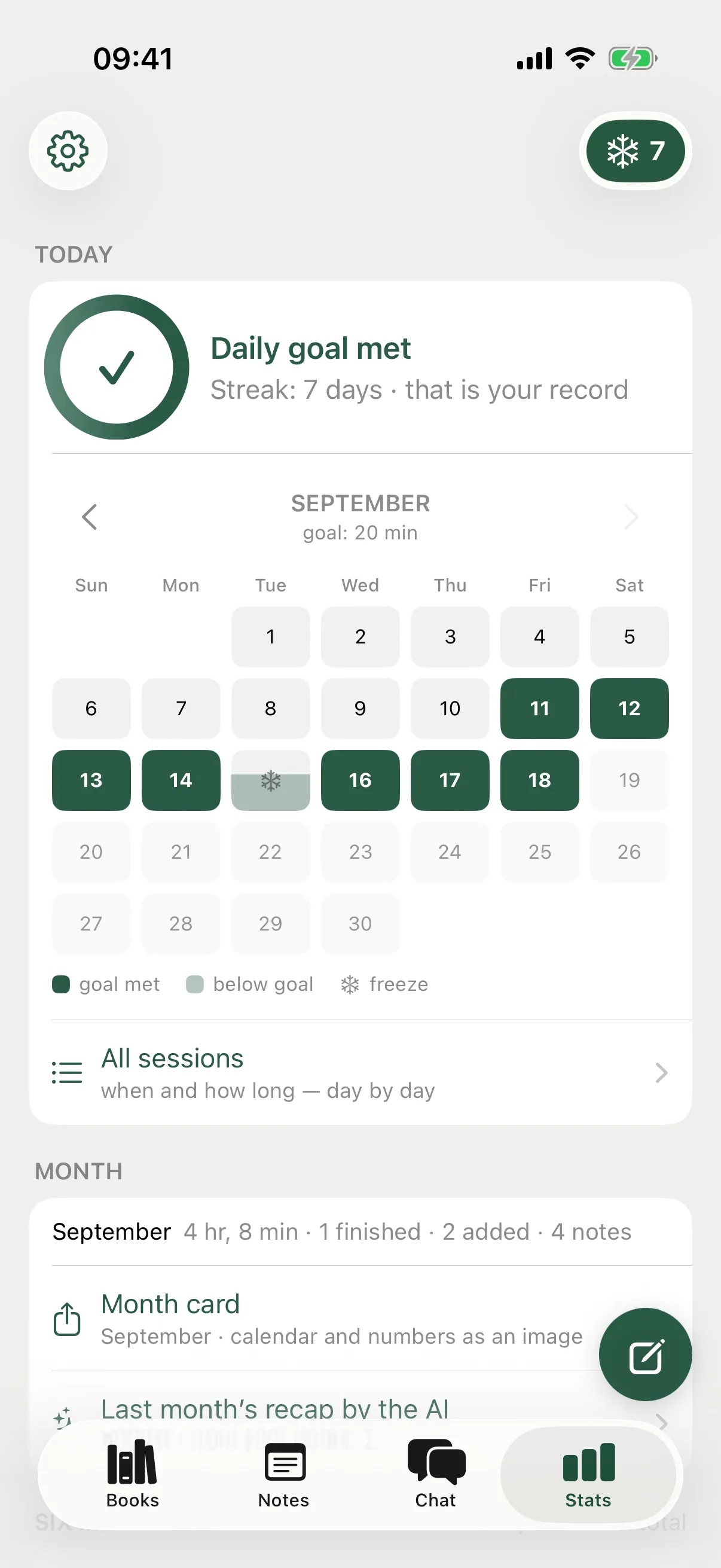Statistics: the goal ring, a seven-day streak, the reading calendar with a used freeze, the month and half a year in bars.