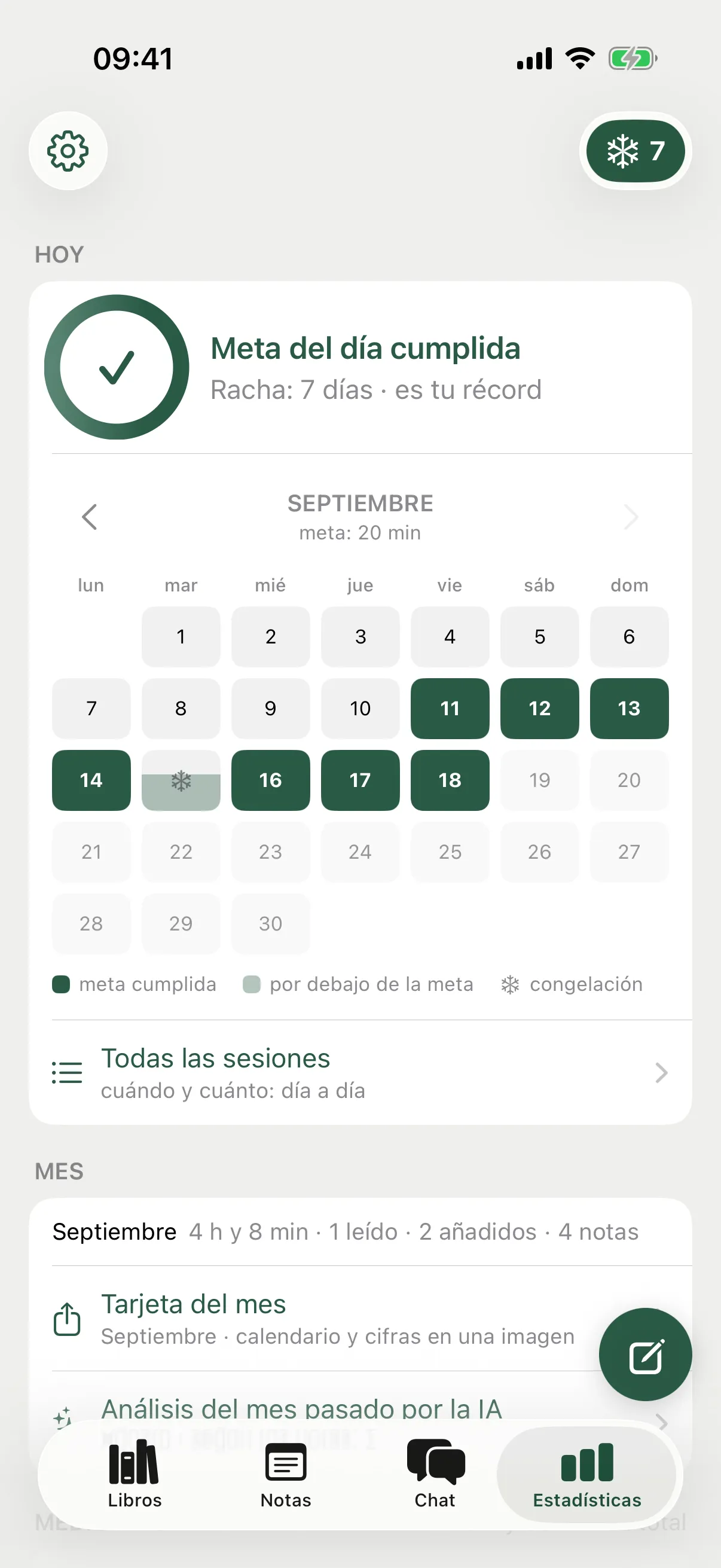 Estadísticas: el anillo de la meta, una racha de siete días, el calendario de lectura con un comodín gastado, el mes y el medio año en barras.