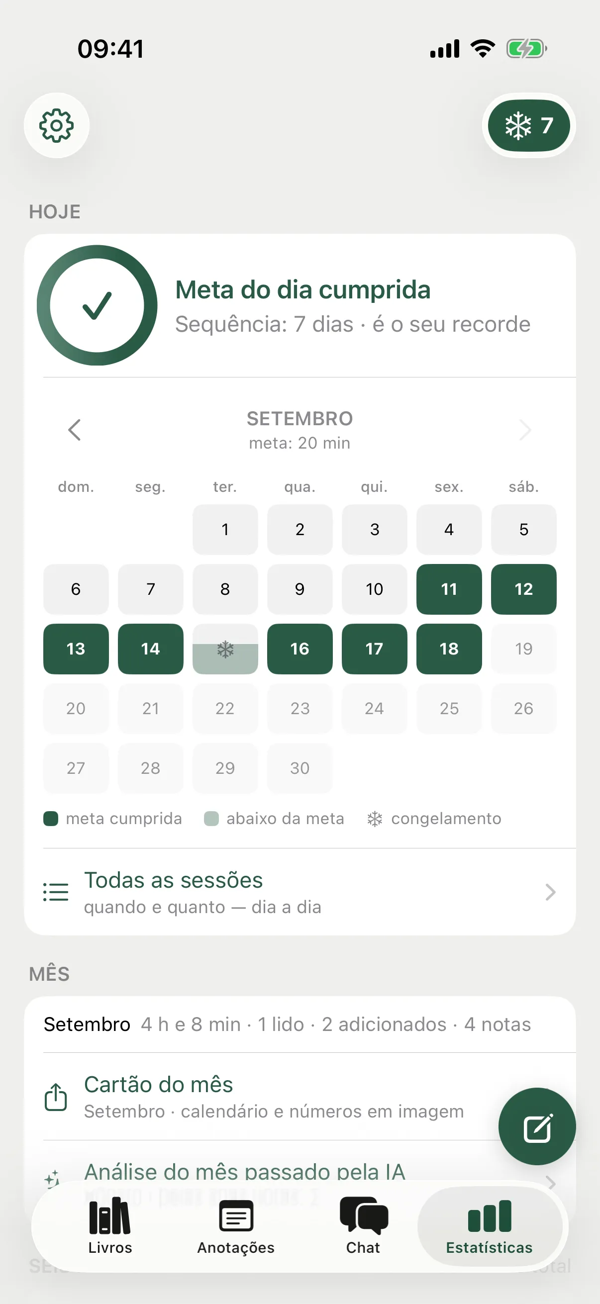 Estatísticas: o anel da meta, uma sequência de sete dias, o calendário de leitura com um congelamento gasto, o mês e o semestre em barras.